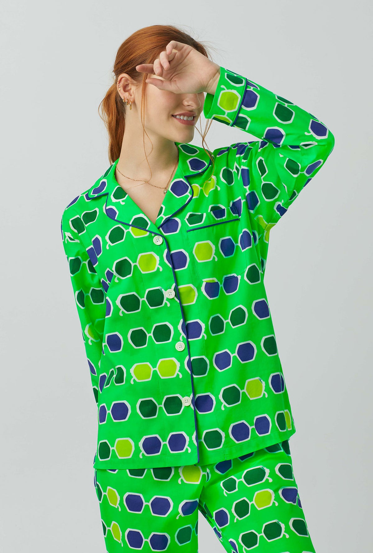 A lady wearing green  Long Sleeve  Classic Shorty Stretch Jersey PJ Set with sunglasses print