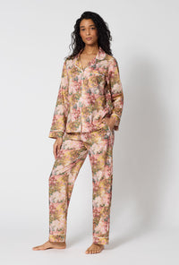 A lady wearing Autumnal Arboretum Long Sleeve Classic Woven Tana Lawn® Pj Set Made With Liberty Fabrics looking front