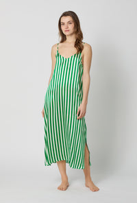 A lady wearing Green and  White Woven Washable Silk Chemise front view