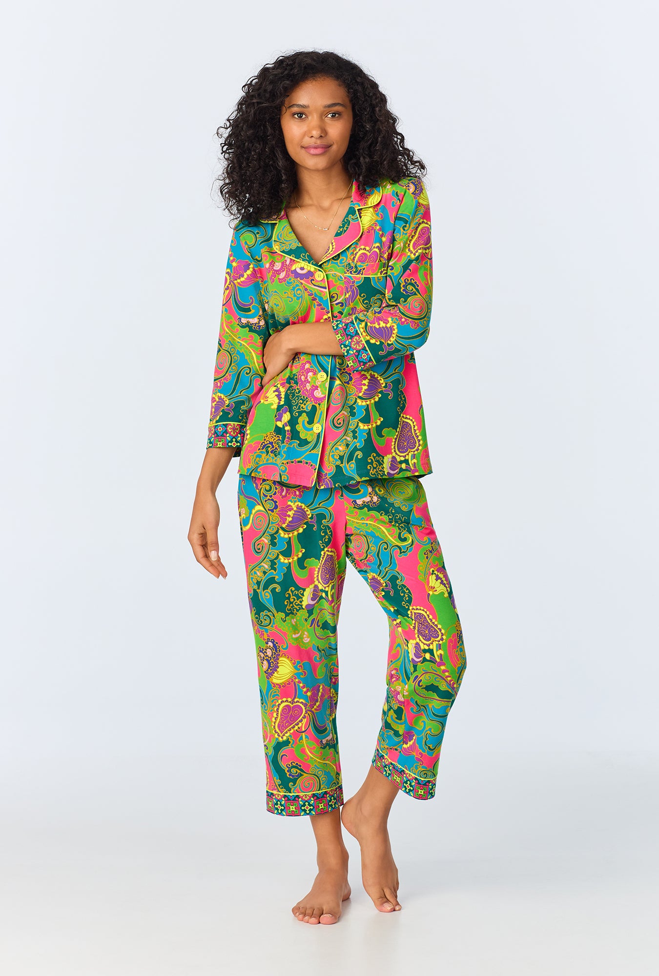 A lady wearing Turkish Delight 3/4 Sleeve Classic Stretch Jersey Cropped PJ Set