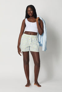 A lady wearing White Woven Cotton Poplin Boxer Short front view