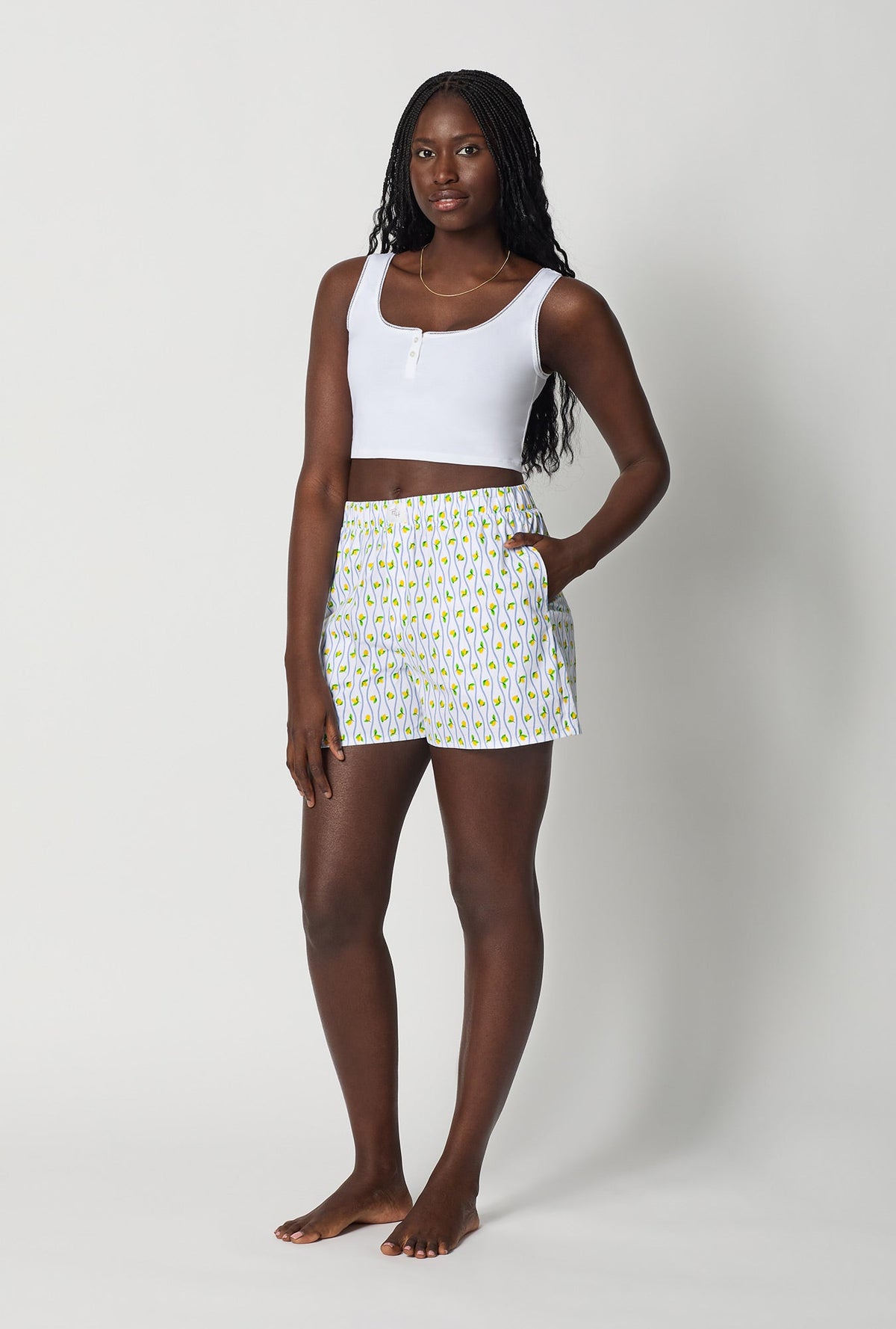 A lady wearing White Woven Cotton Poplin Boxer Short side view