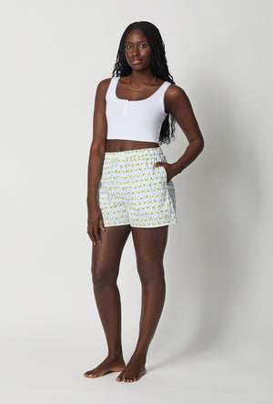 A lady wearing White Woven Cotton Poplin Boxer Short side view