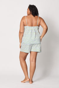 A lady wearing plus size White Cami Woven Cotton Poplin Shorty Pj Set back view