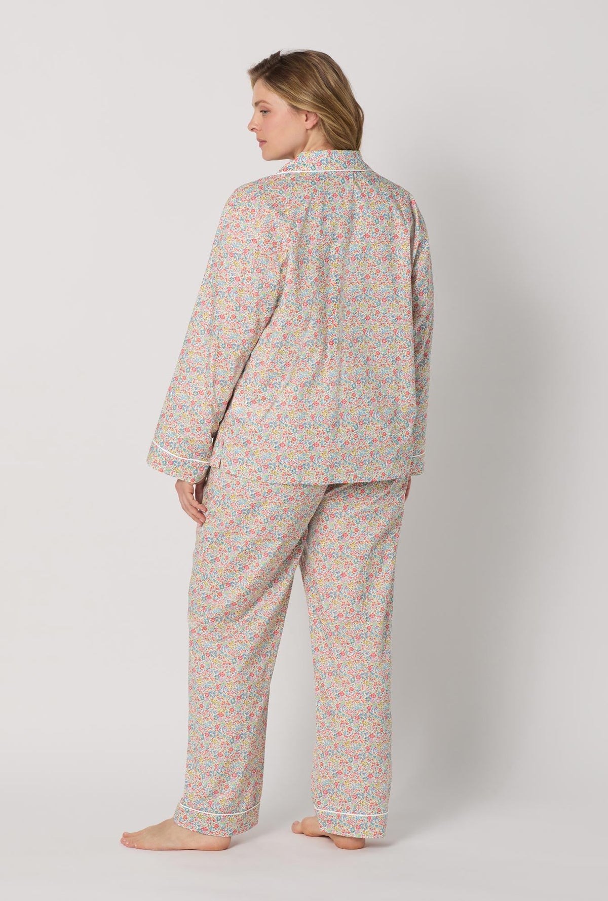 A lady wearing plus size Multi-Color Long Sleeve Classic Woven Tana Lawn® Pj Set Made With Liberty Fabric back view