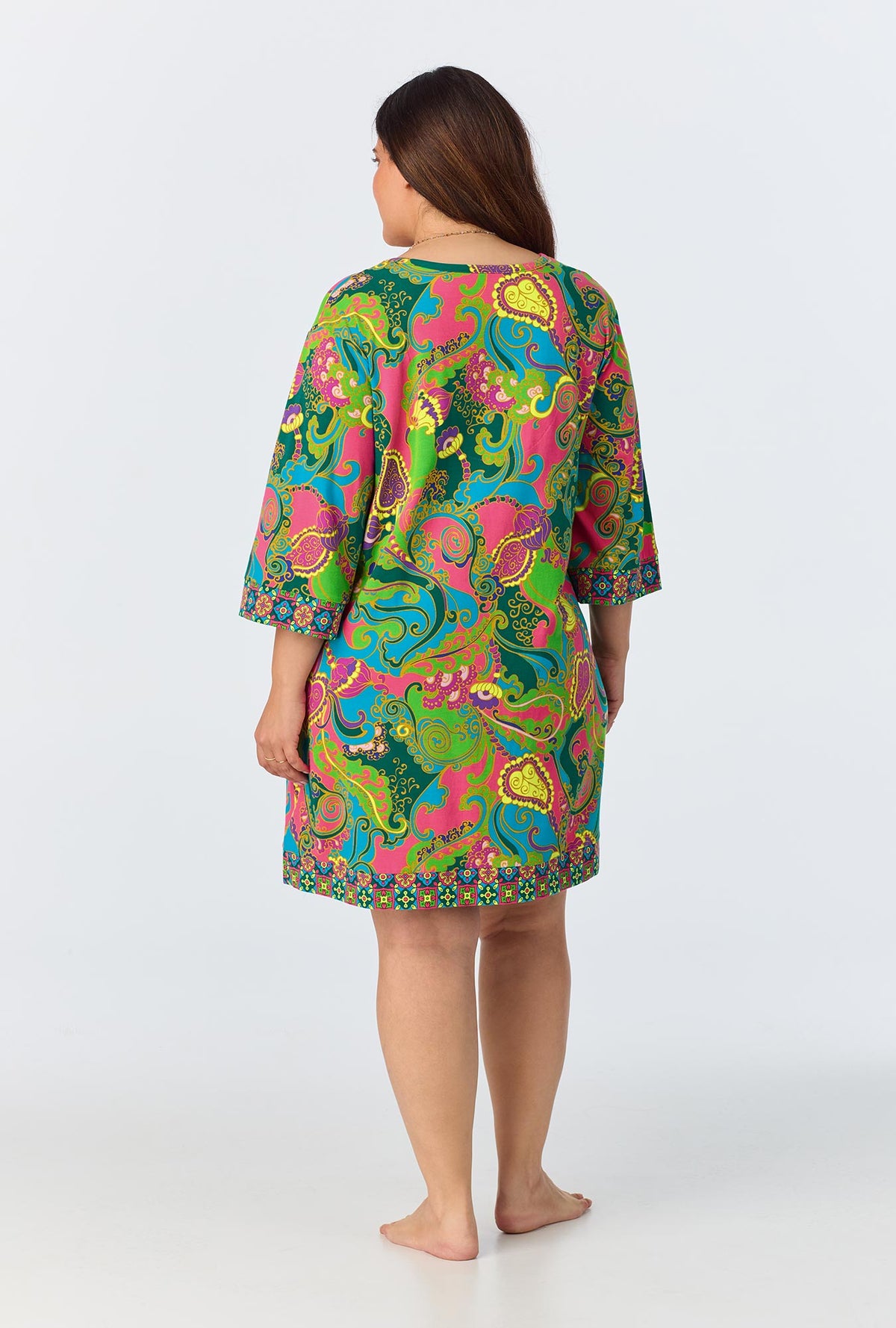 A lady wearing Turkish Delight Short Sleeve Stretch Jersey Caftan