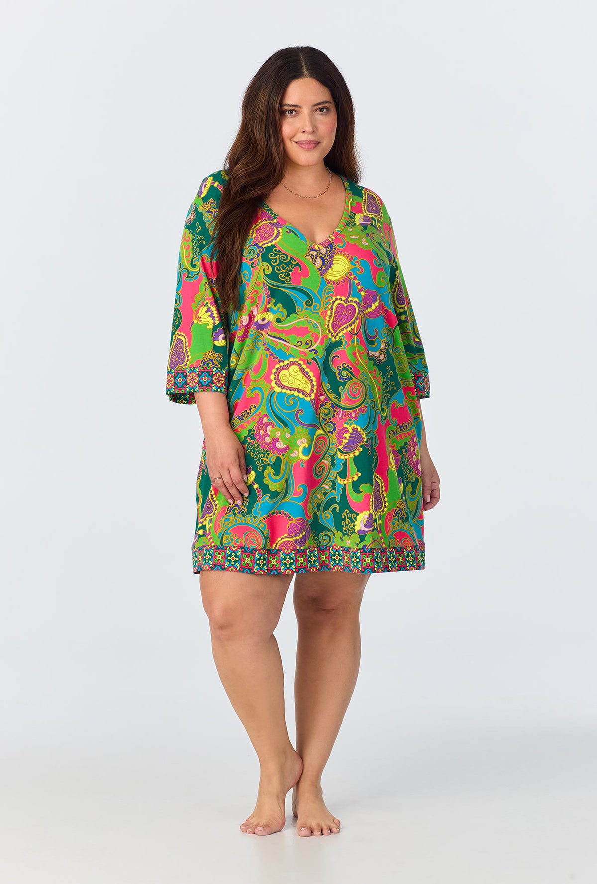 A lady wearing Turkish Delight Short Sleeve Stretch Jersey Caftan