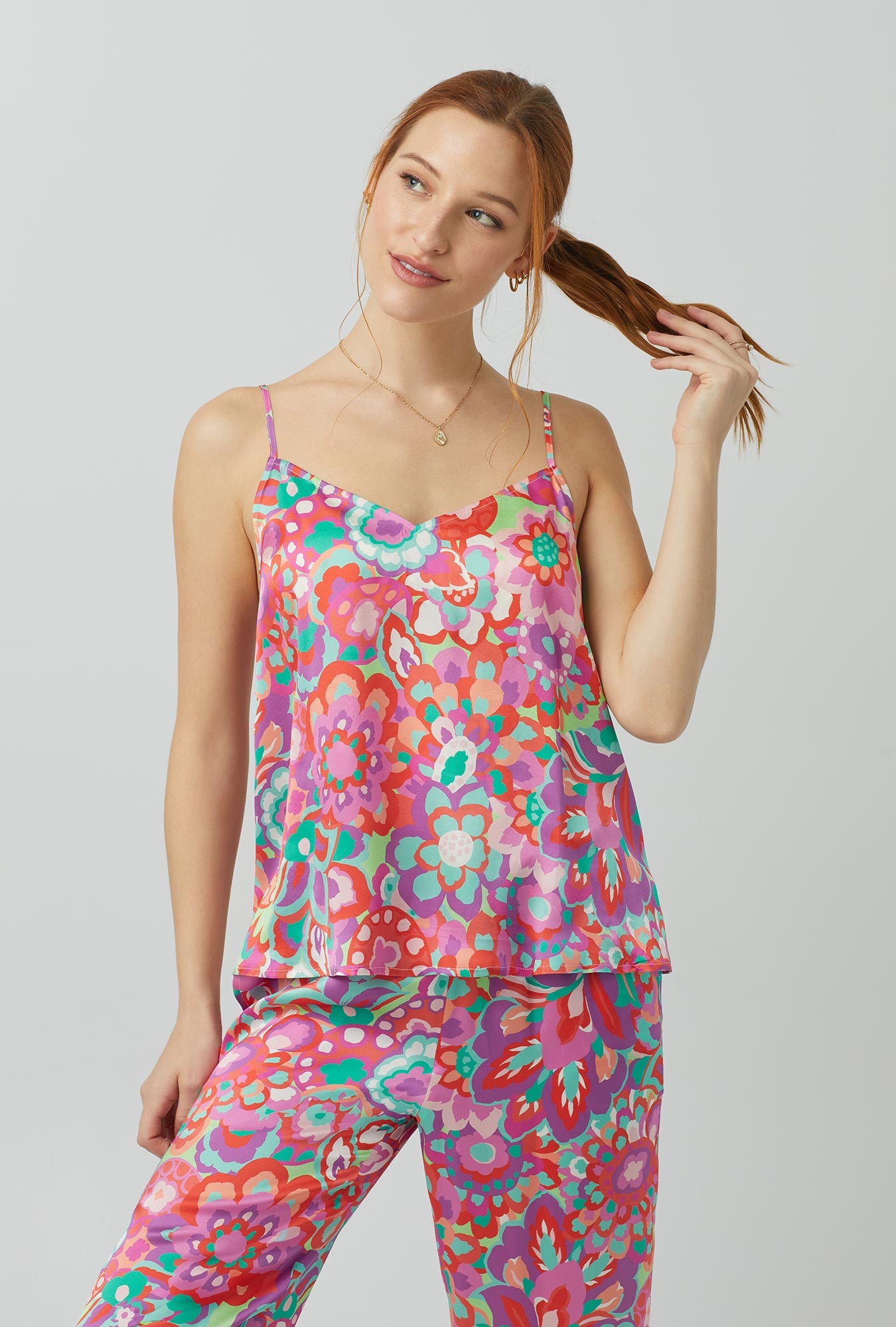 A lady wearing Tank Washable Silk Cropped PJ Set with summer floral print