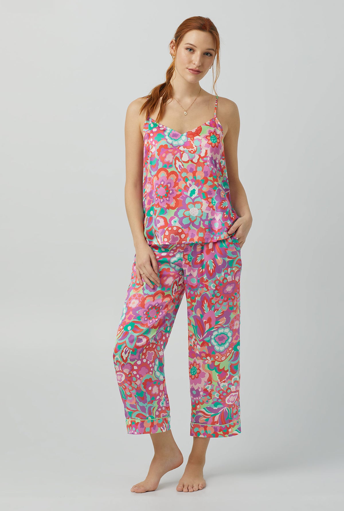 A lady wearing Tank Washable Silk Cropped PJ Set with summer floral print