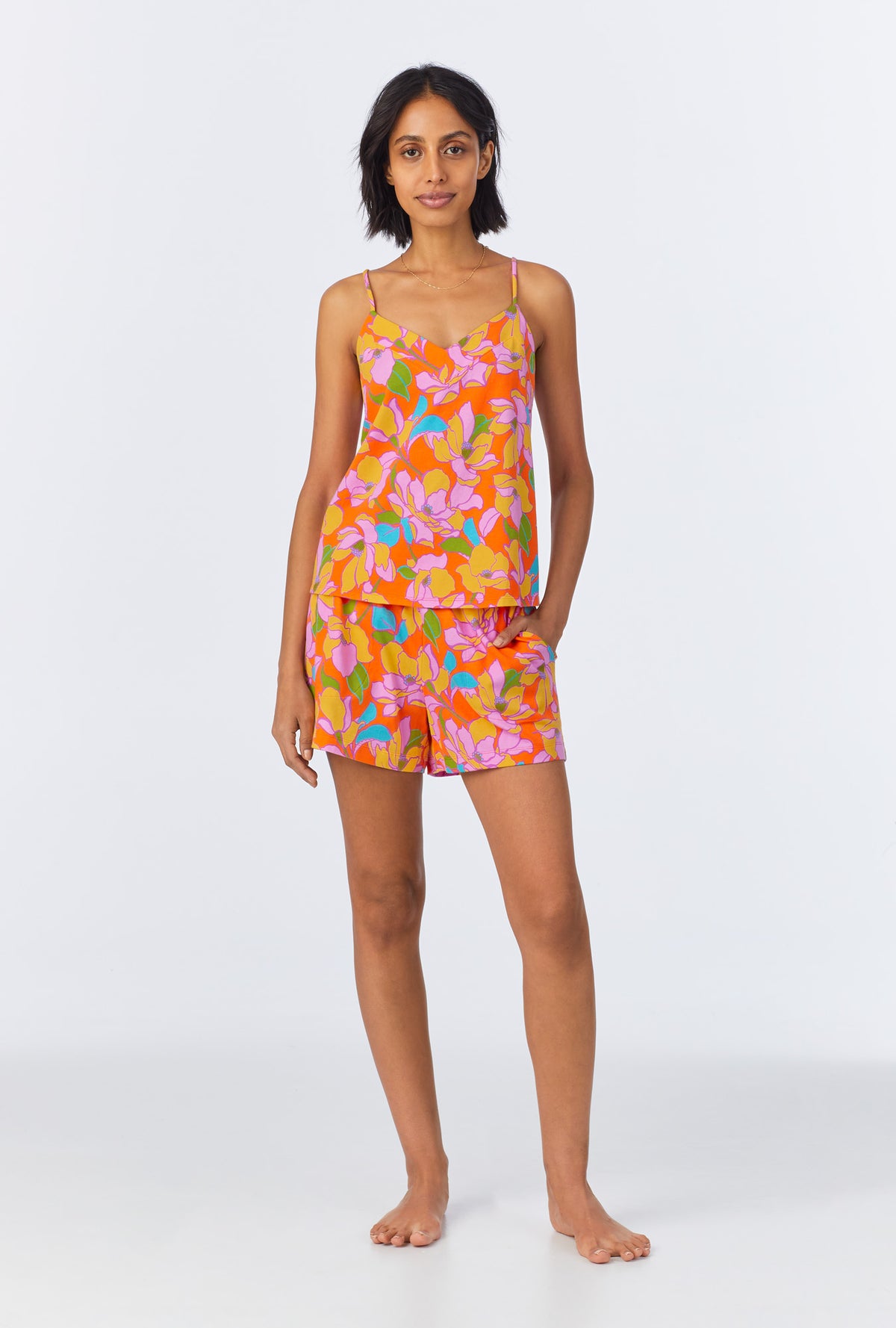 A lady wearing  Floral Cami Shorty Stretch Jersey PJ Set