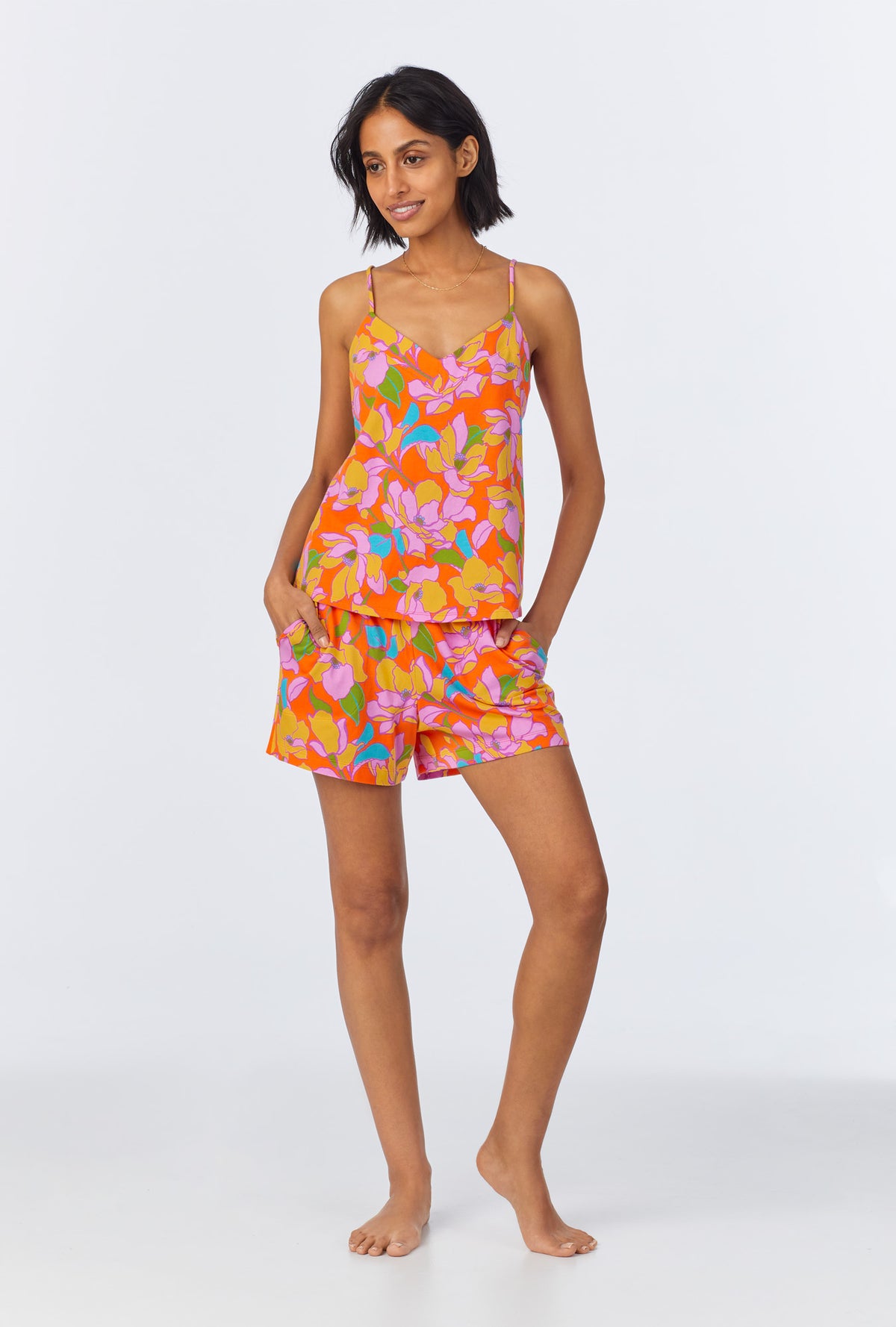 A lady wearing  Floral Cami Shorty Stretch Jersey PJ Set