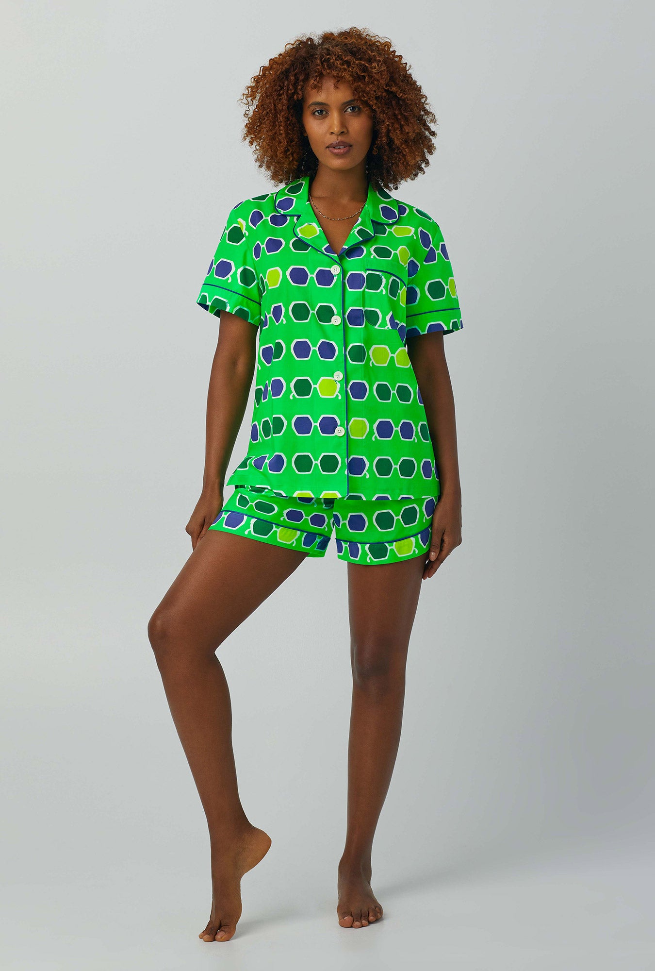 A lady wearing green Short Sleeve Classic Shorty Stretch Jersey PJ Set with sunglasses print
