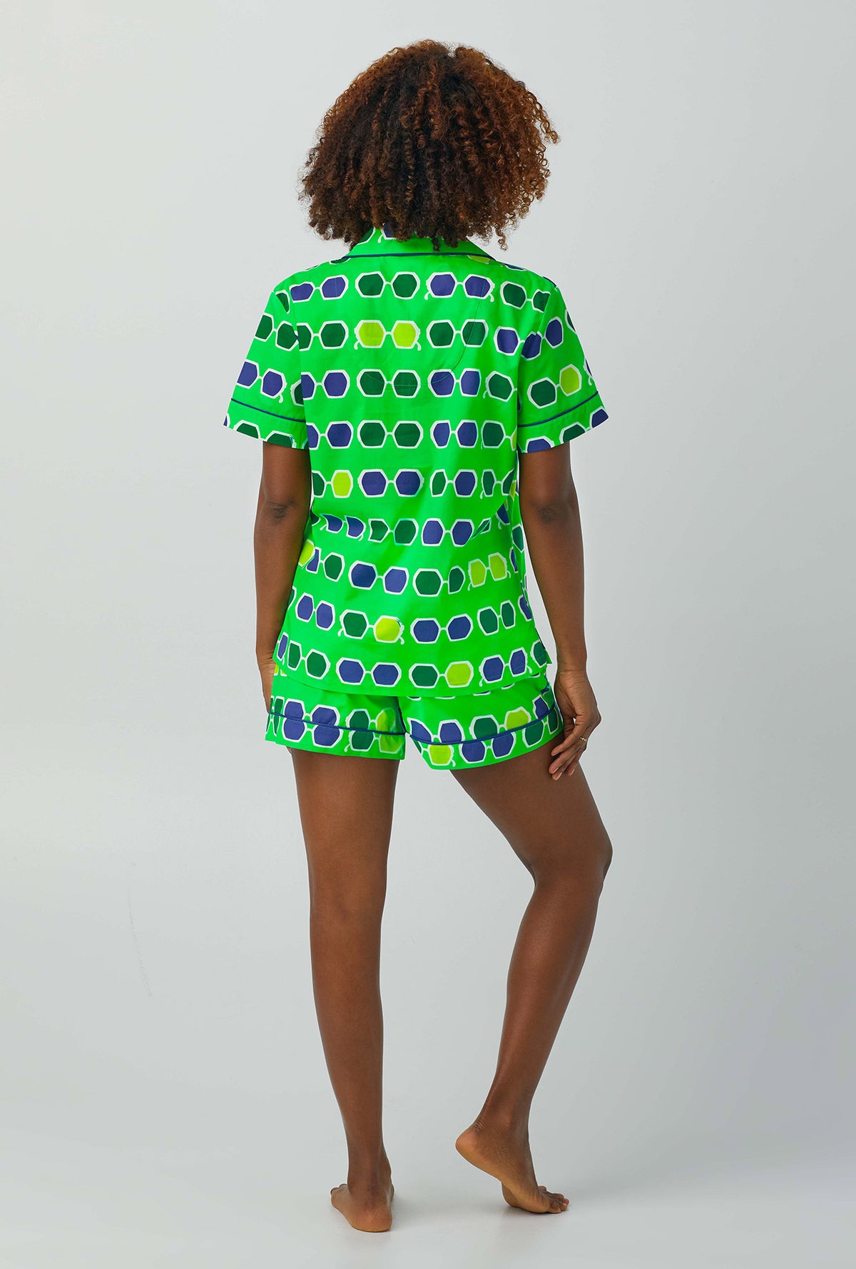 A lady wearing green Short Sleeve Classic Shorty Stretch Jersey PJ Set with sunglasses print