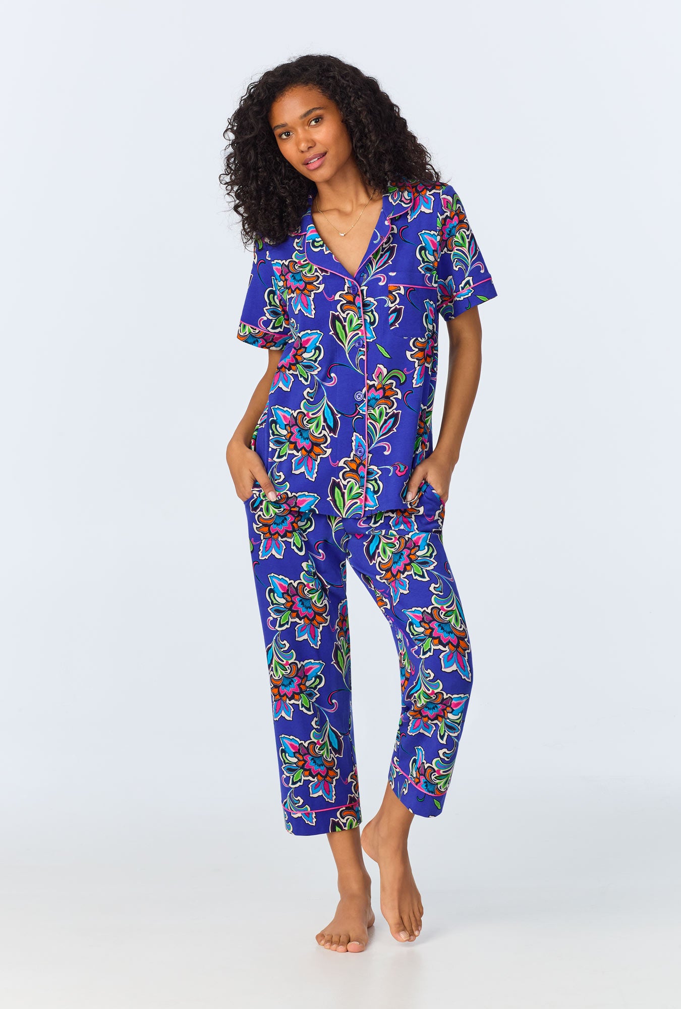 A lady wearing Paisley Flower Short Sleeve Classic Stretch Jersey Cropped PJ Set