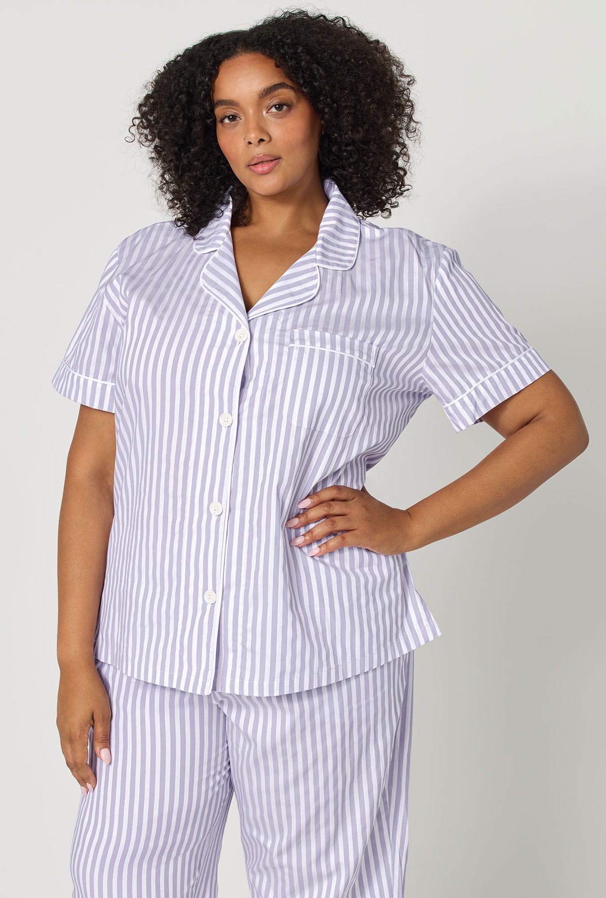 Blue Signature Stripe Short Sleeve Classic Woven Cotton Sateen Cropped Pj Set