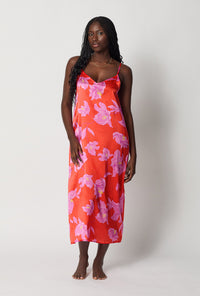 A lady wearing Red Woven Washable Silk Chemise front view
