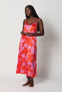 A lady wearing Red Woven Washable Silk Chemise side view