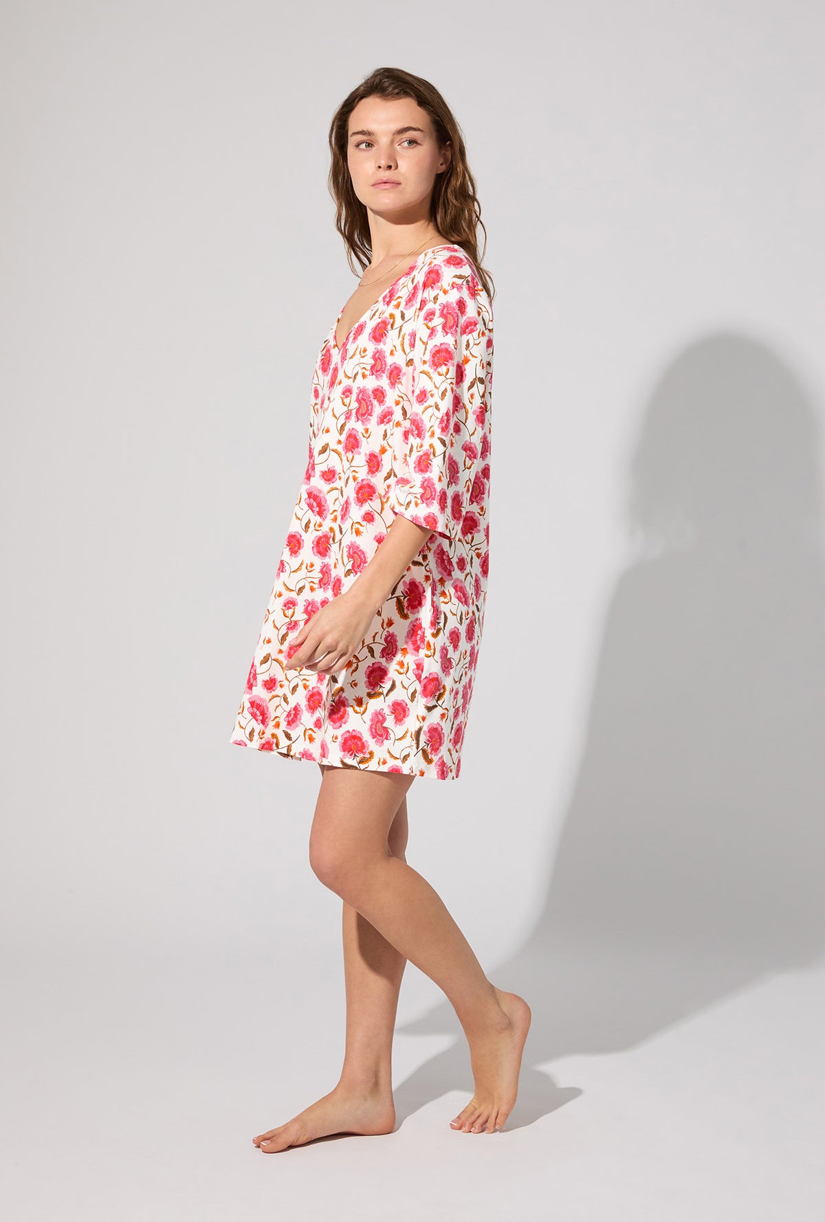 A lady wearing Fantasia Floral V-neck Stretch Jersey Sleep Dress