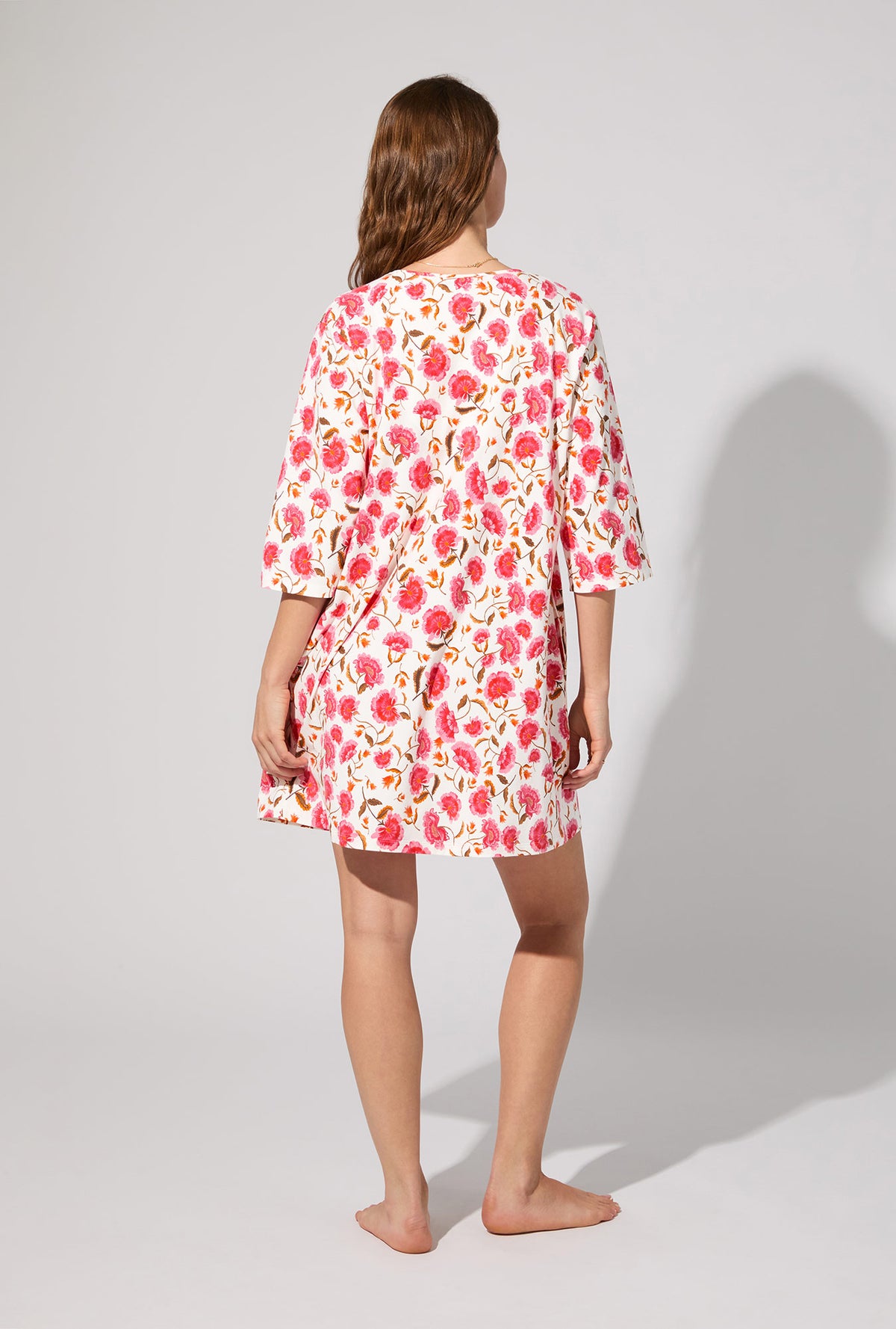 A lady wearing Fantasia Floral V-neck Stretch Jersey Sleep Dress