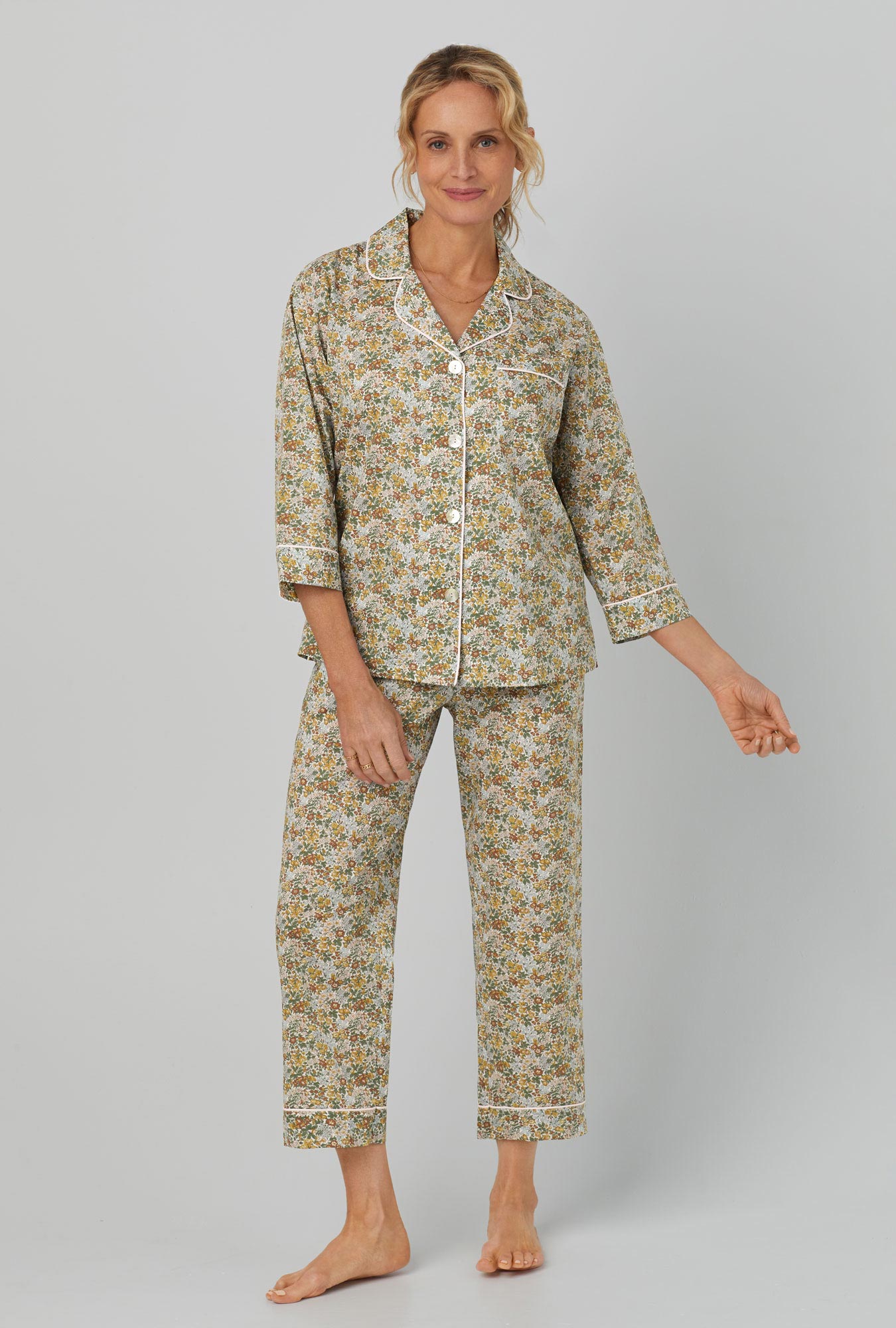 A lady wearing green 3/4 Sleeve Classic Woven Cotton Cropped PJ Set with Penstemon print