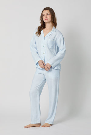 A lady wearing Baby's Breath Blue Long Sleeve Classic Woven Linen Pj Set side view