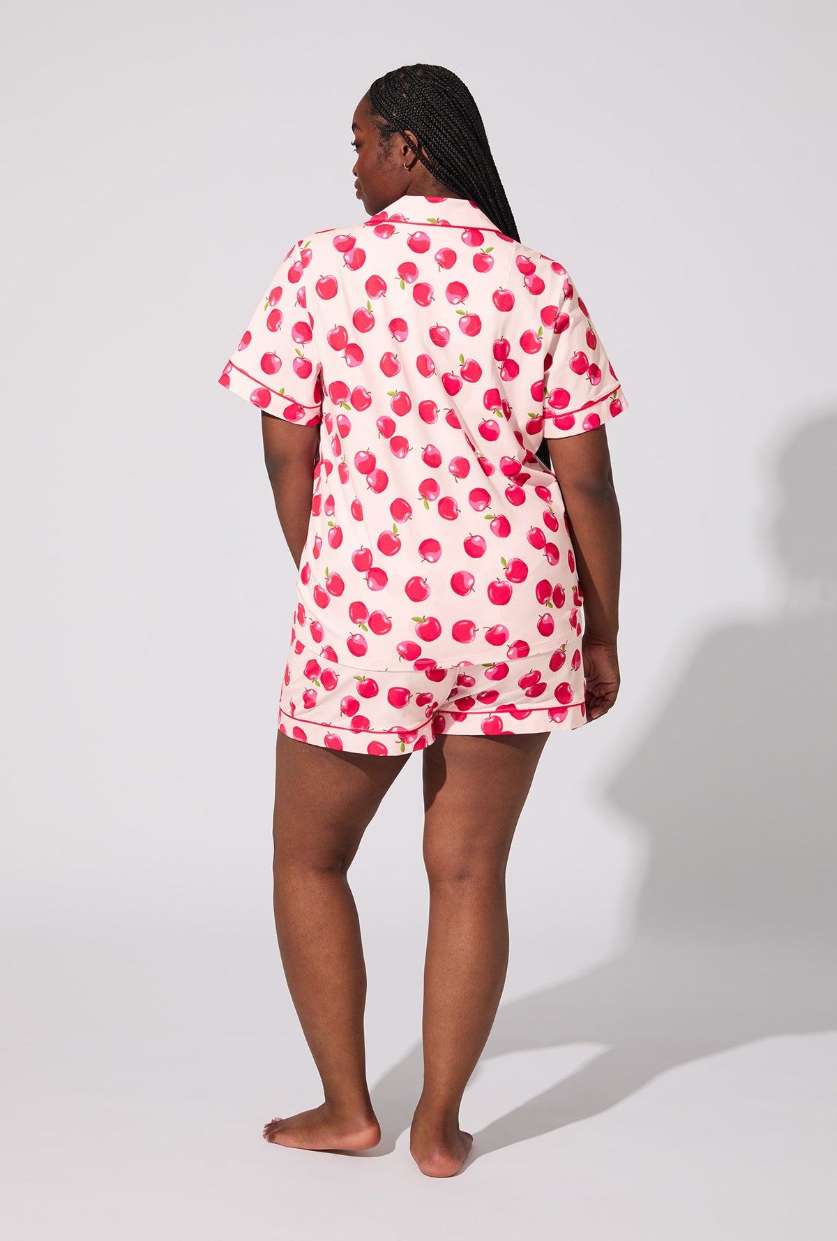 A lady wearing An Apple a Day Short Sleeve Classic Shorty Stretch Jersey PJ Set