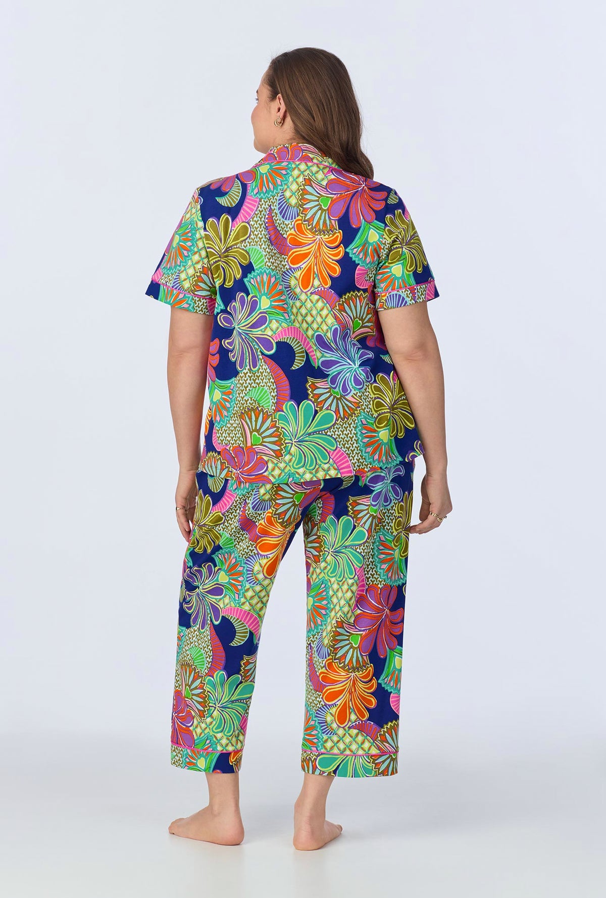 A lady wearing   Zanzibar Short Sleeve Classic Cropped Stretch Jersey PJ Set