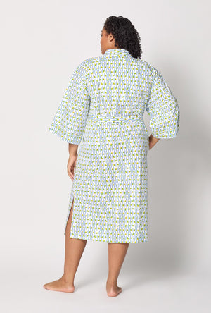 A lady wearing plus size White Woven Cotton Poplin Kimono Robe back view