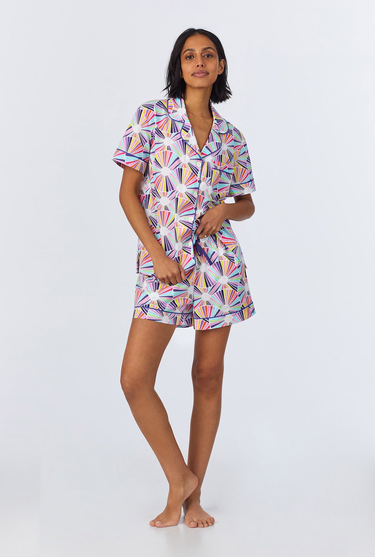 A lady wearing  Fanfare Short Sleeve Classic Woven Cotton Poplin Shorty PJ Set