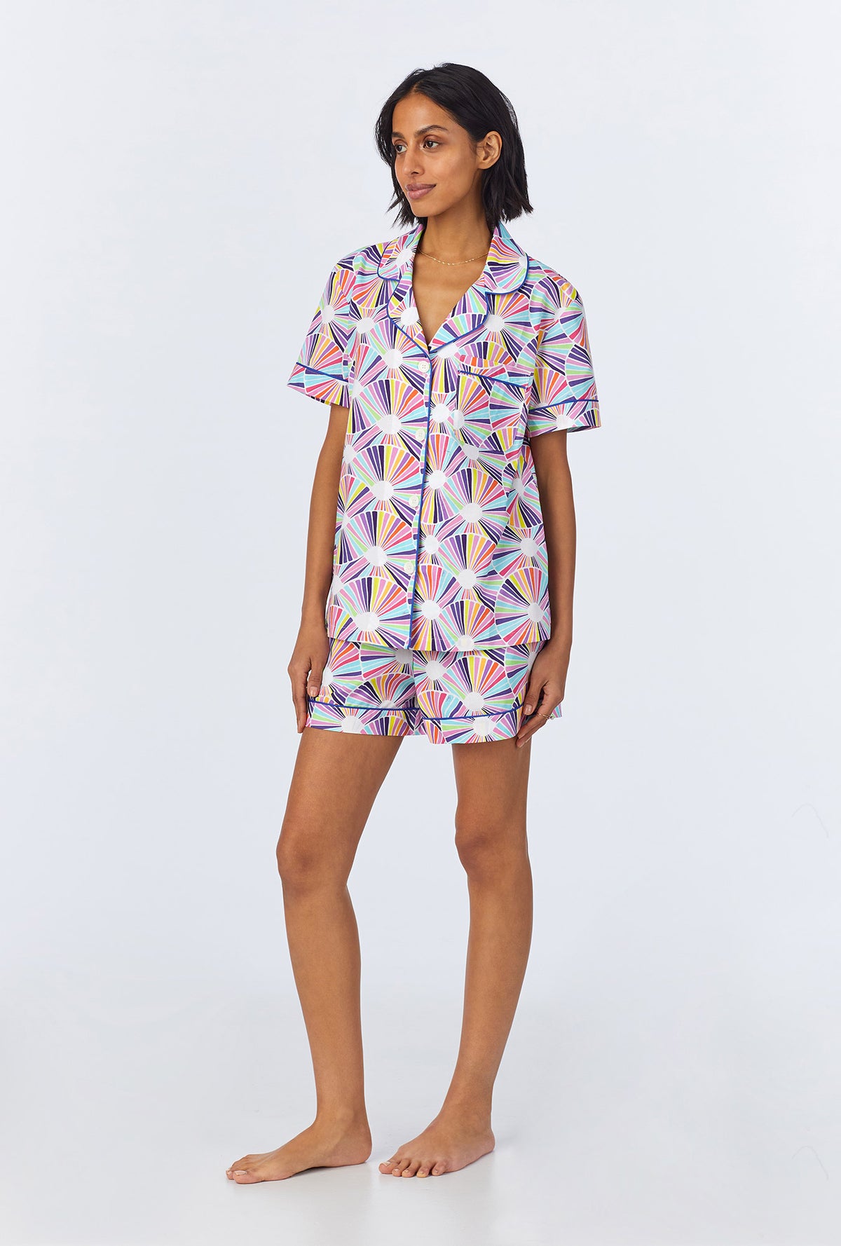 A lady wearing  Fanfare Short Sleeve Classic Woven Cotton Poplin Shorty PJ Set