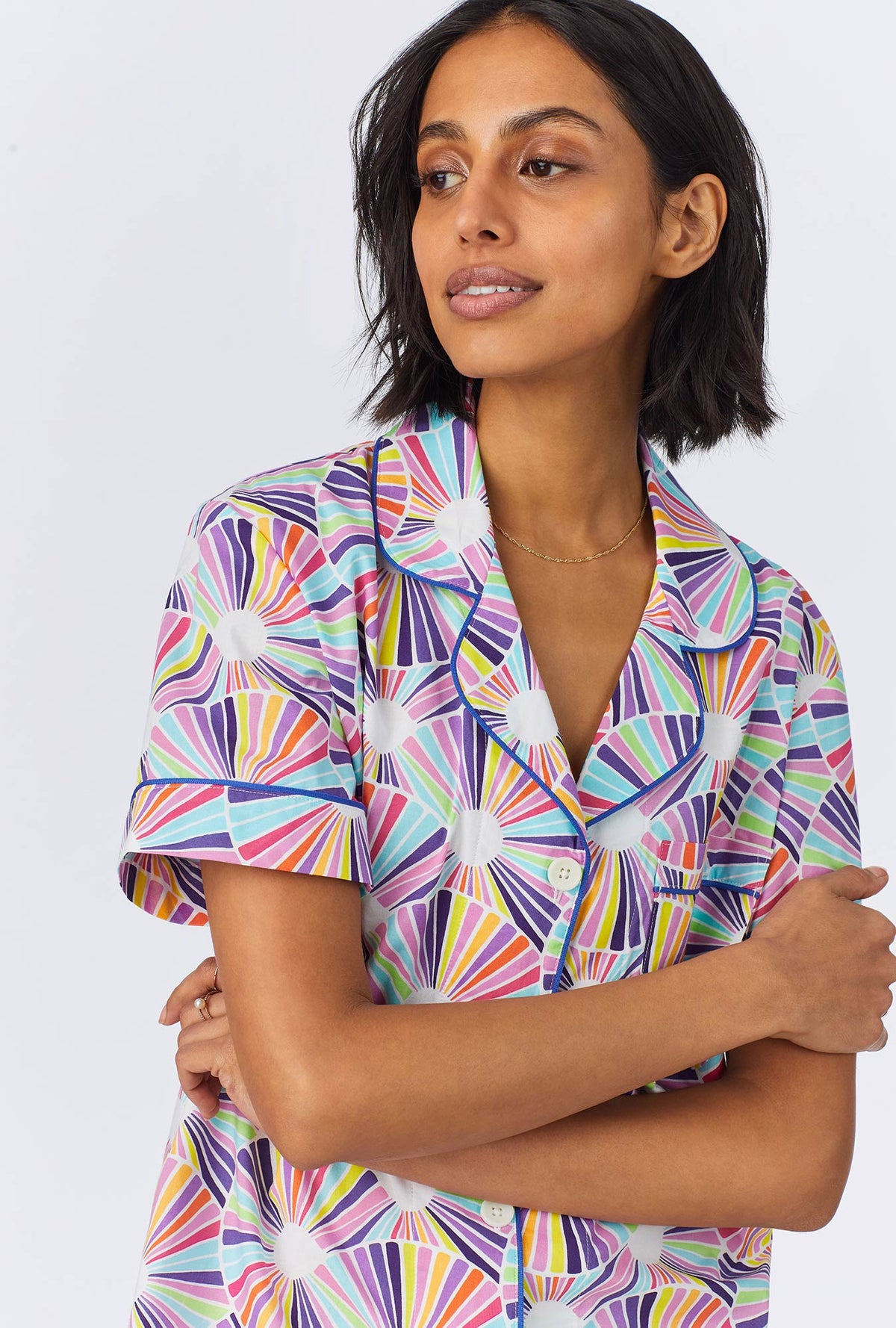 A lady wearing  Fanfare Short Sleeve Classic Woven Cotton Poplin Shorty PJ Set