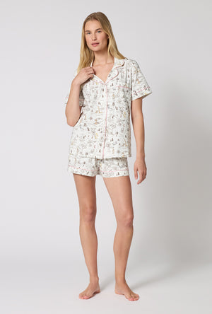 A lady wearing Hundred Acre Toile Short Sleeve Classic Shorty Stretch Jersey Pj Set looking front