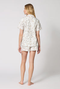 A lady wearing Hundred Acre Toile Short Sleeve Classic Shorty Stretch Jersey Pj Set back view