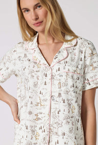 A lady wearing Hundred Acre Toile Short Sleeve Classic Shorty Stretch Jersey Pj Set closer look