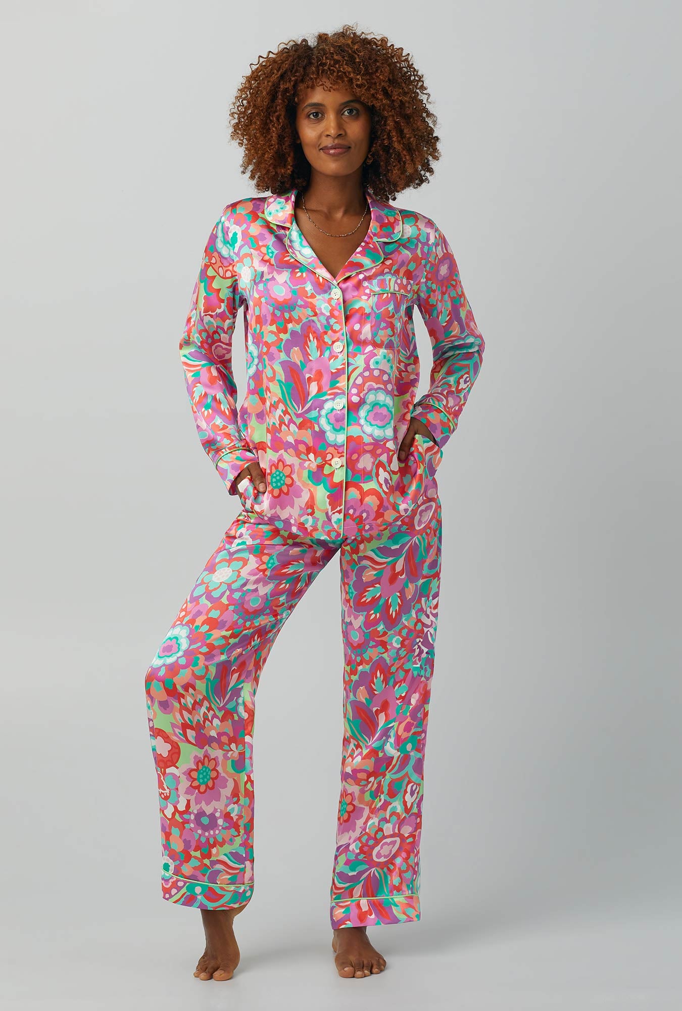 A lady wearing Long Sleeve Classic Washable Silk PJ Set with summer floral print