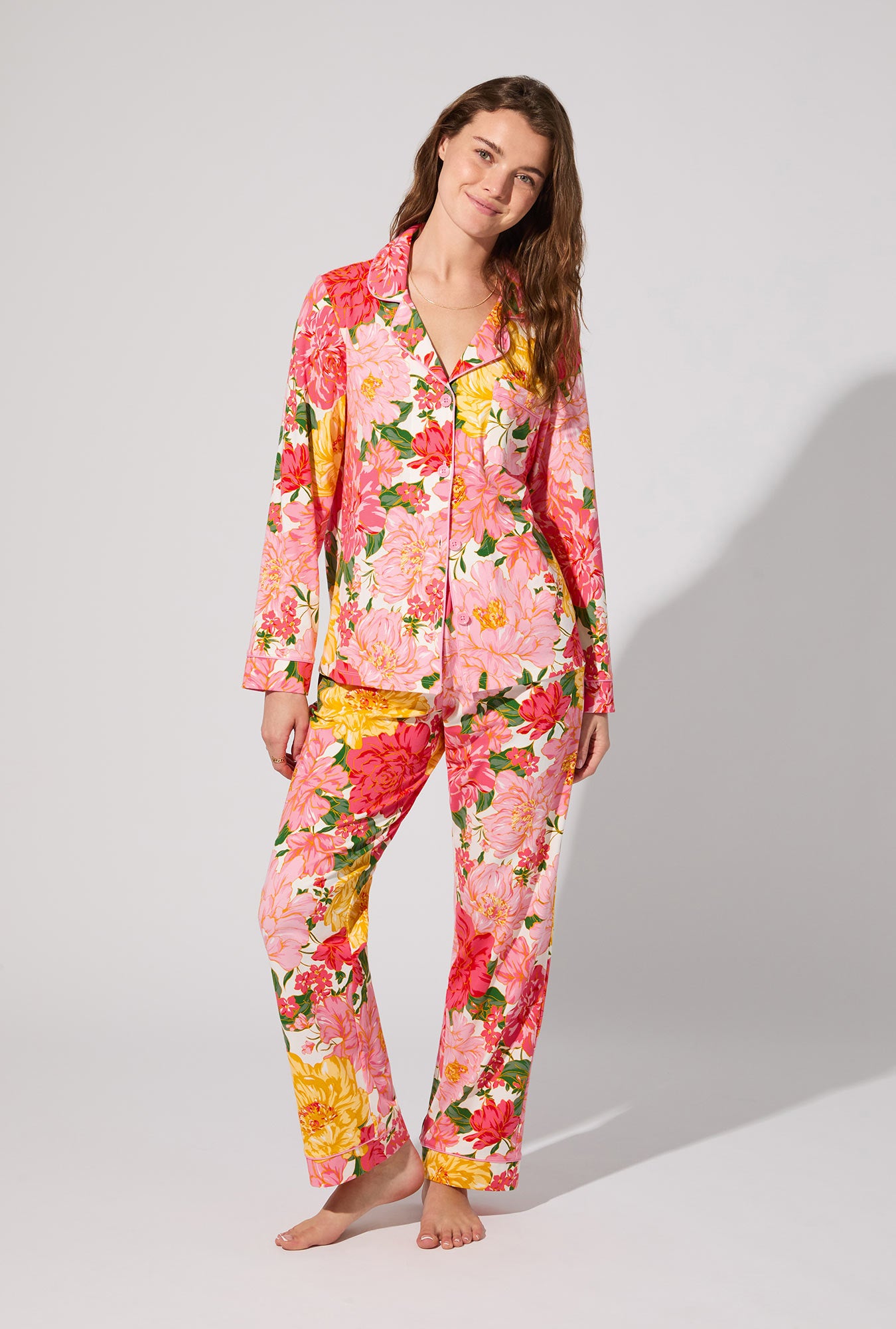 A lady wearing Garden Fresh Long Sleeve Classic Stretch Jersey PJ Set