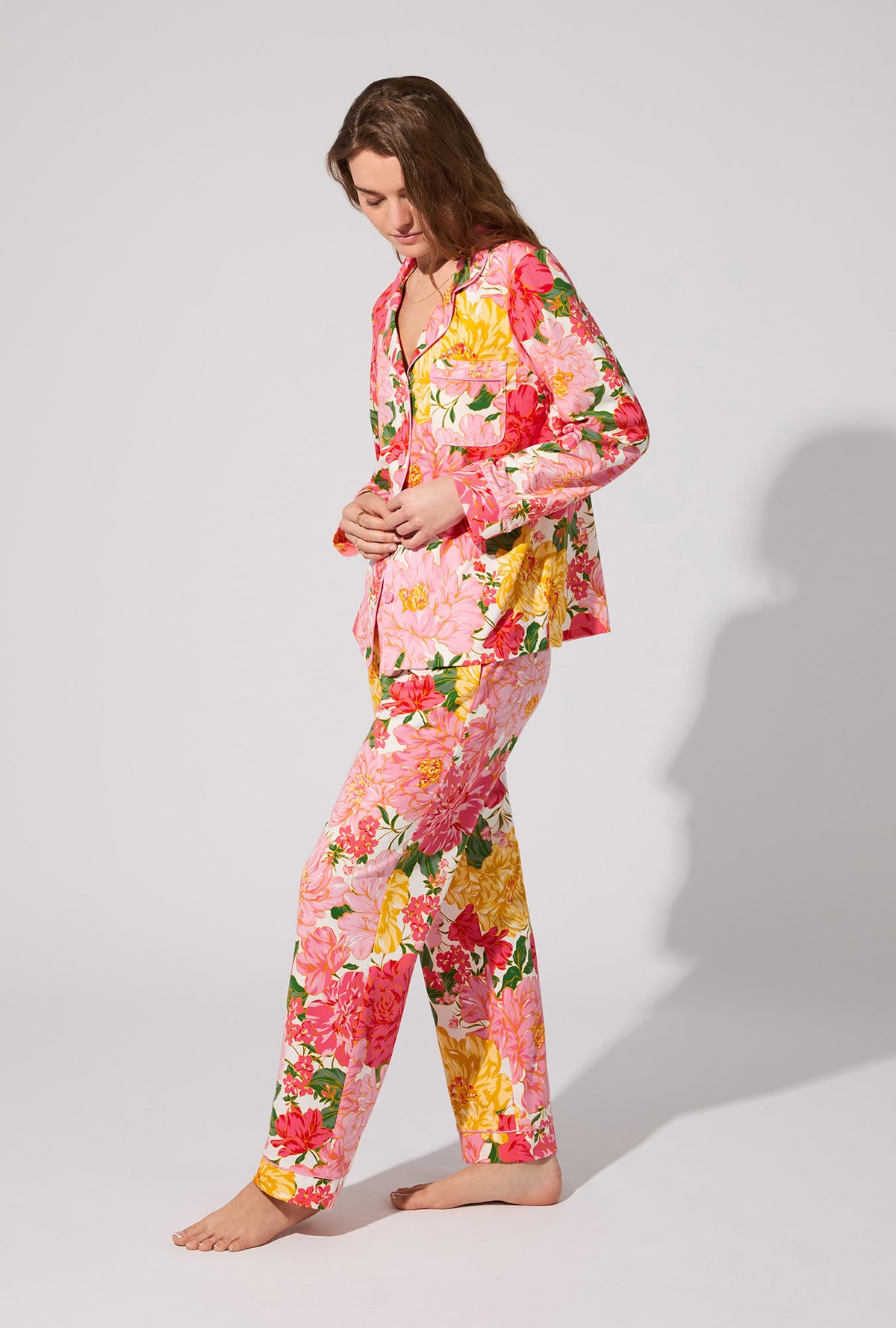 A lady wearing Garden Fresh Long Sleeve Classic Stretch Jersey PJ Set