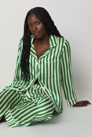 A closeup of A lady wearing Green and  White Long Sleeve Classic Washable Silk Pj Set