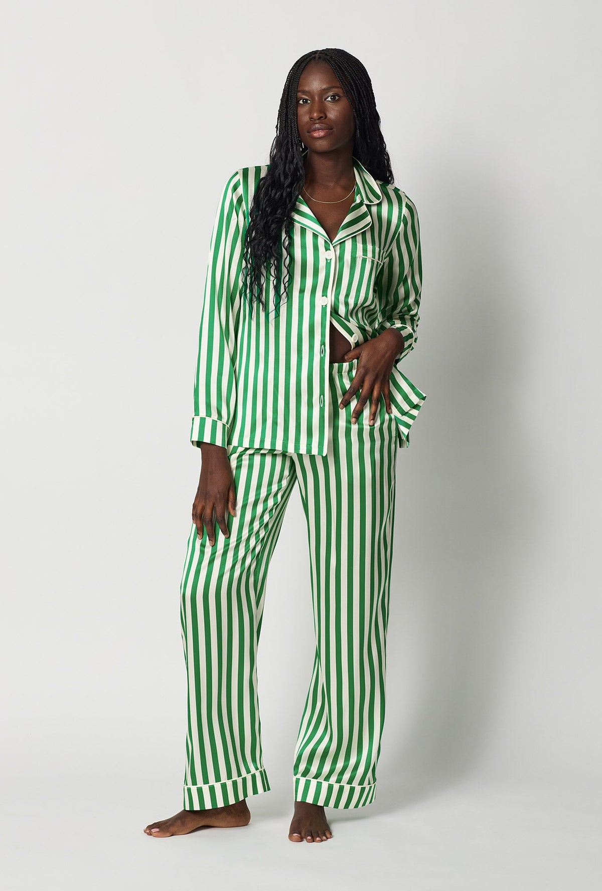 A lady wearing Green and  White Long Sleeve Classic Washable Silk Pj Set front view
