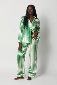 A lady wearing Green and  White Long Sleeve Classic Washable Silk Pj Set front view