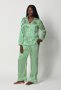 A lady wearing Green and  White Long Sleeve Classic Washable Silk Pj Set side view