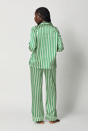 A lady wearing Green and  White Long Sleeve Classic Washable Silk Pj Set back view