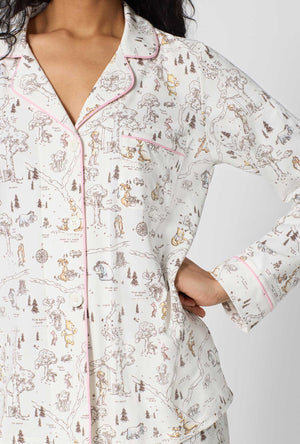 A lady wearing Hundred Acre Toile Long Sleeve Classic Stretch Jersey Pj Set closer look