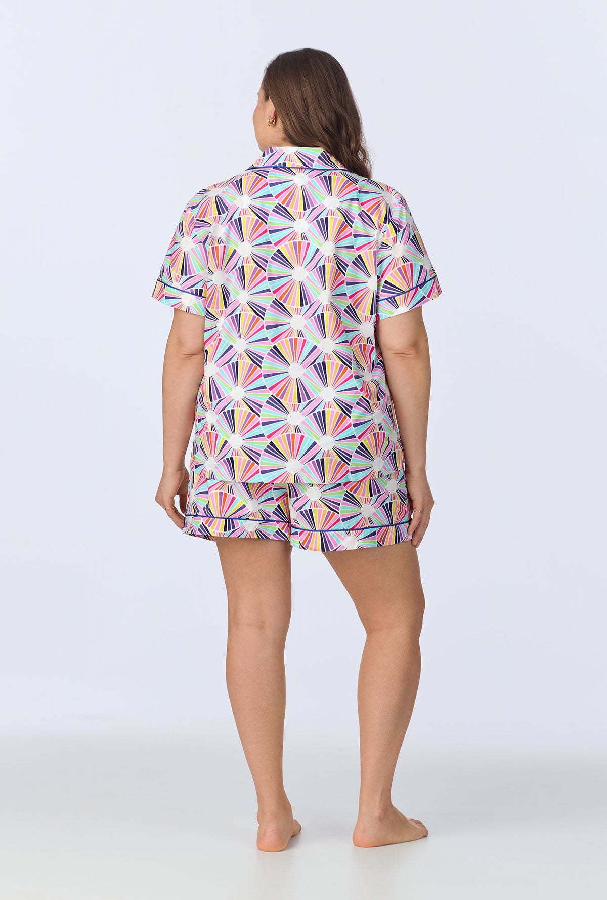 A lady wearing  Fanfare Short Sleeve Classic Woven Cotton Poplin Shorty PJ Set