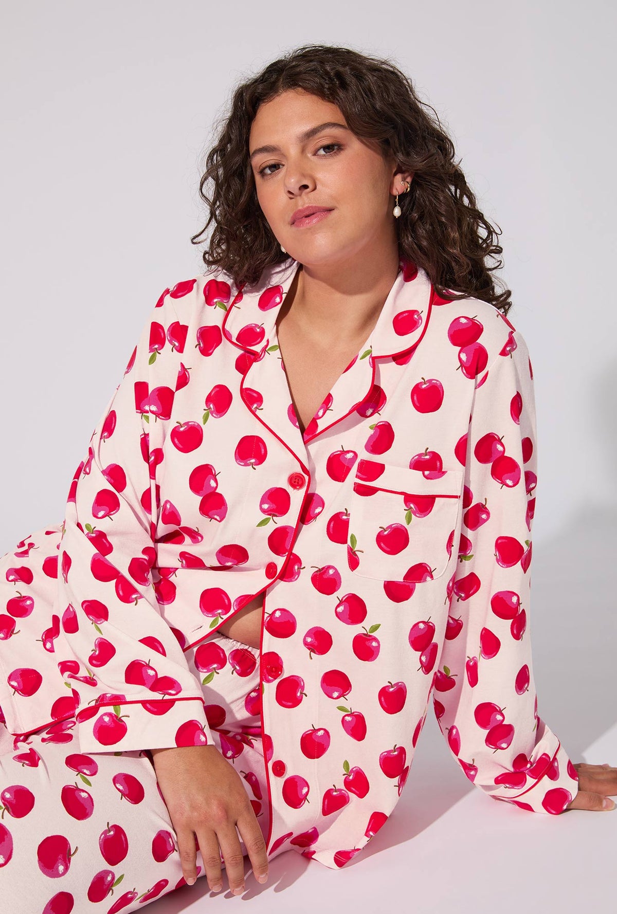 A lady wearing An Apple A Day Long Sleeve Classic Stretch Jersey PJ Set