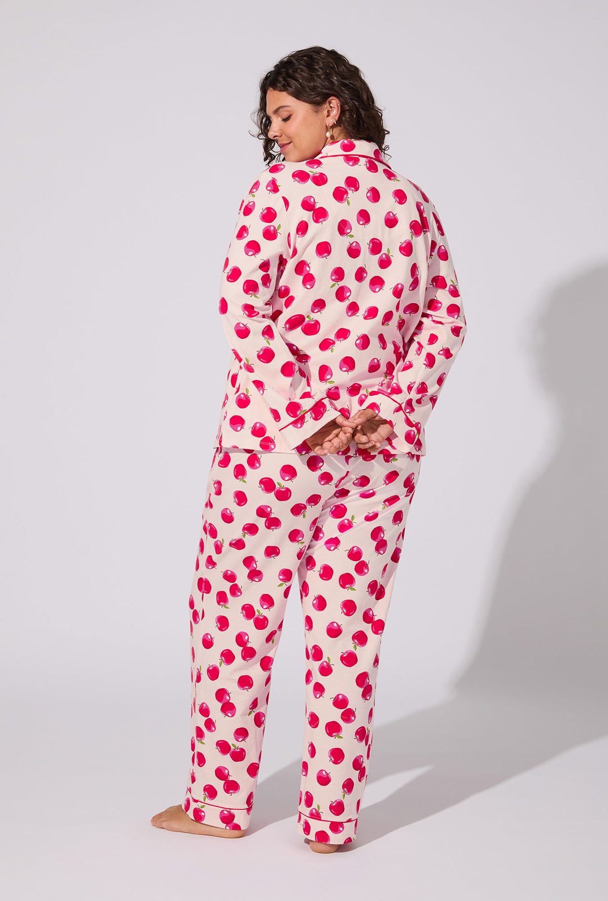 A lady wearing An Apple A Day Long Sleeve Classic Stretch Jersey PJ Set