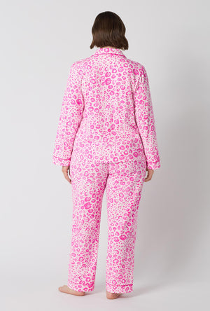 A Lady Wearing Plus Size Valentina Leopard Long Sleeve Classic Stretch Jersey Pj Set in a back view pose