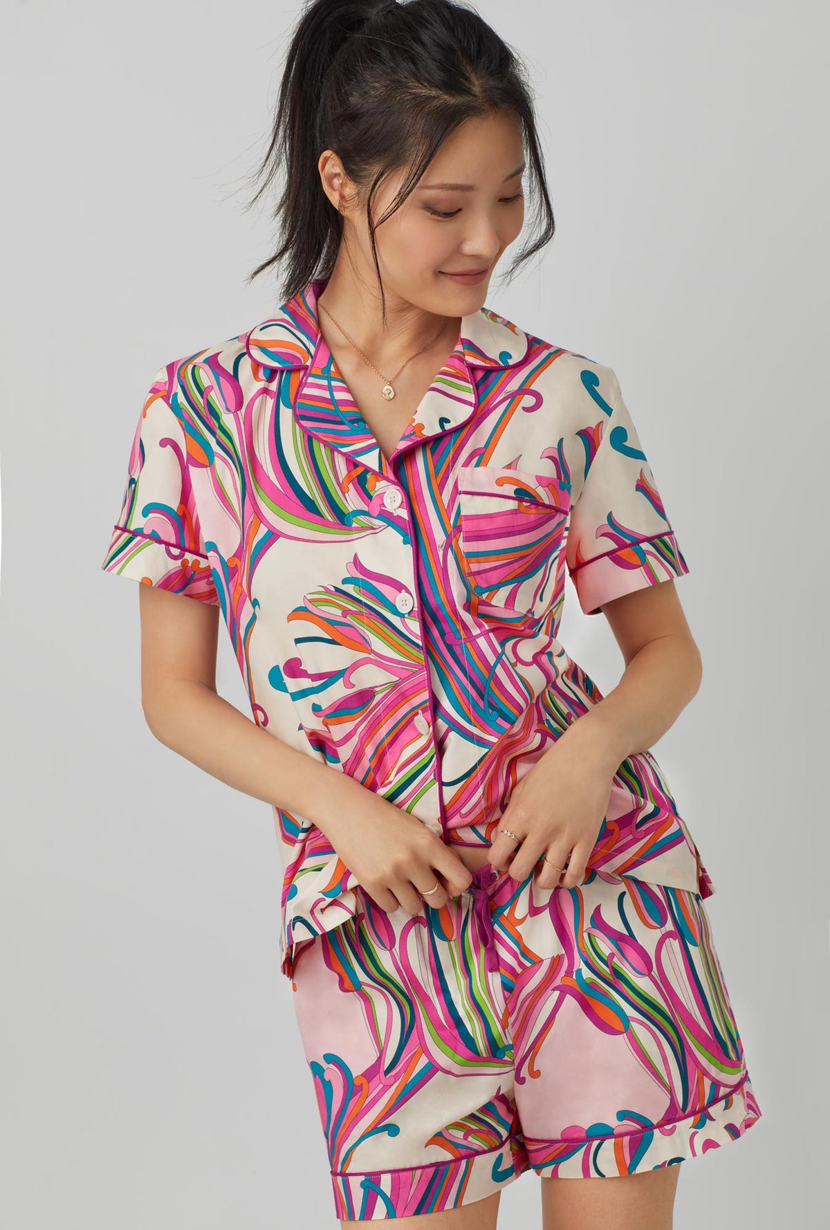 Bedhead x Trina Turk Vintage Tulip Short Sleeve Classic Shorty Woven Cotton Poplin PJ Set