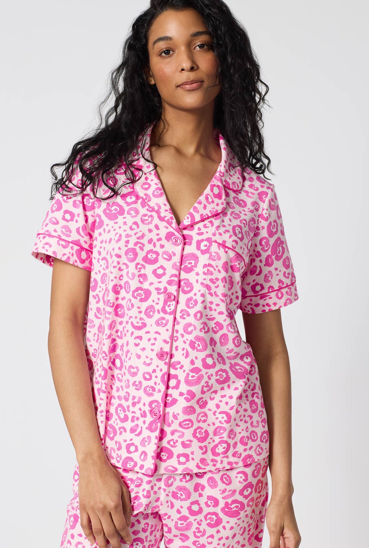 A Lady Wearing Valentina Leopard Short Sleeve Classic Stretch Jersey Cropped Pj Set in a close up view pose