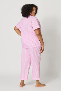 Pink Signature Stripe Short Sleeve Classic Woven Cotton Sateen Cropped Pj Set